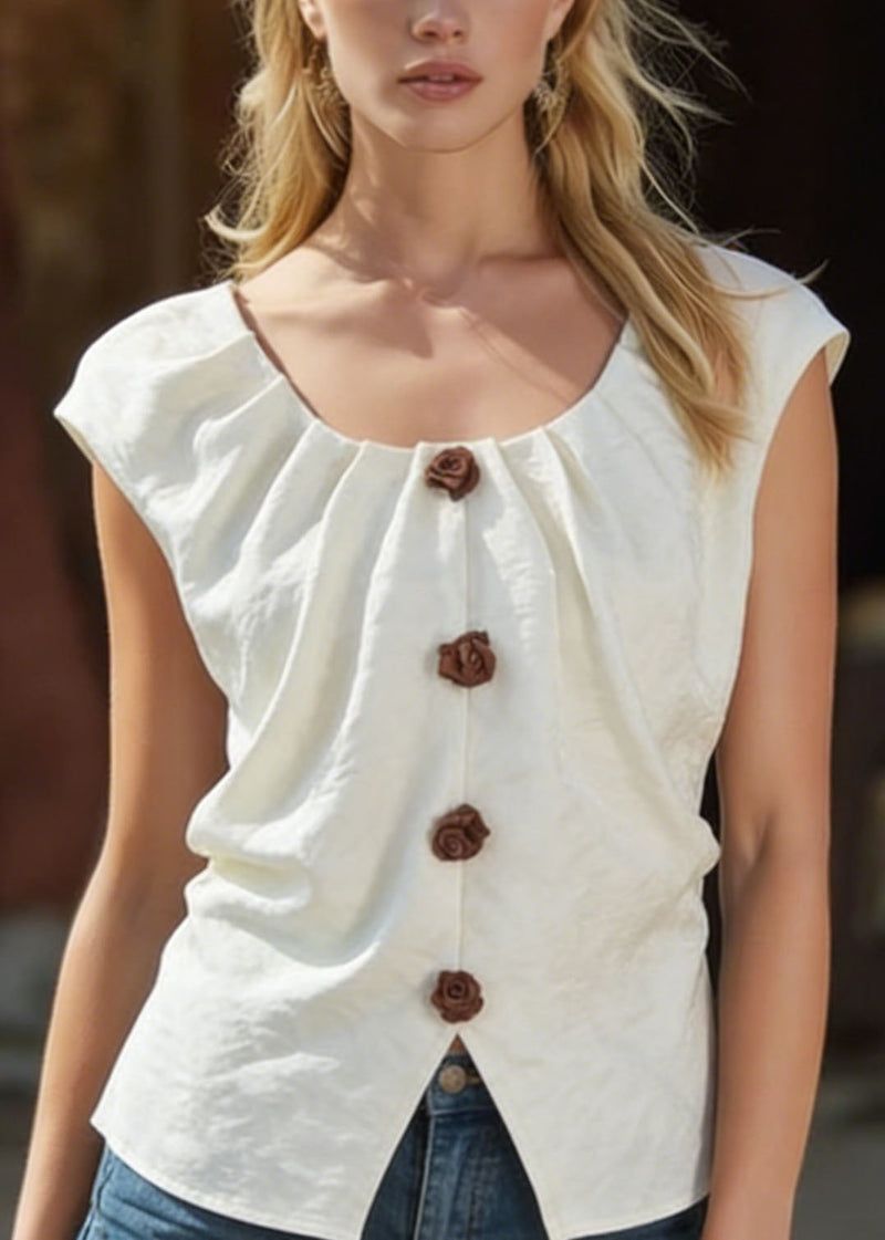 French Simple White O Neck Cotton Tops Summer