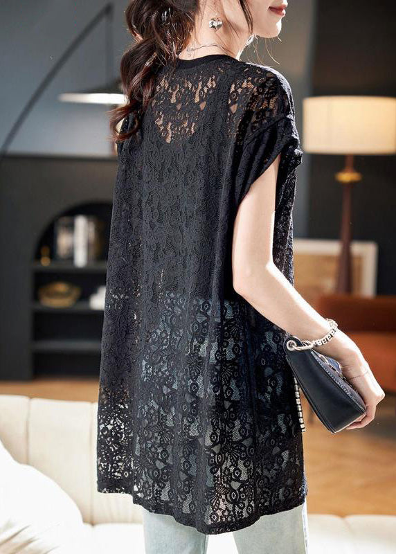 Black O Neck Hollow Out Lace Top Summer