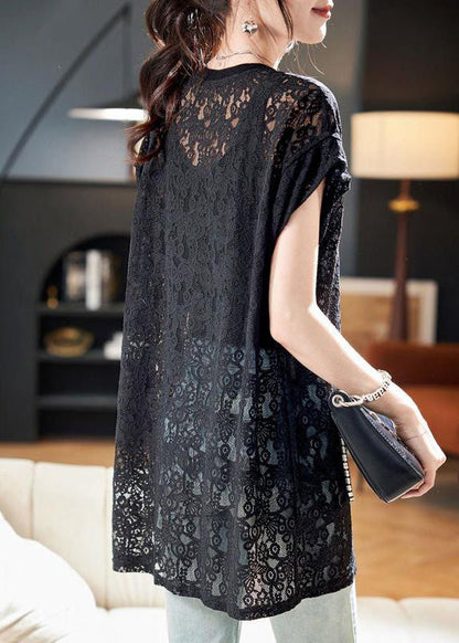 Black O Neck Hollow Out Lace Top Summer