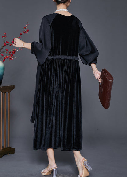 Black Oversized Patchwork Drawstring Silk Velour Dress Spring