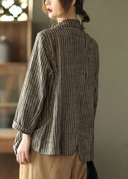 Slim Fit Khaki Notched Collar Button Pockets Striped Cotton Linen Coats Long Sleeve