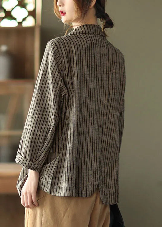 Slim Fit Khaki Notched Collar Button Pockets Striped Cotton Linen Coats Long Sleeve