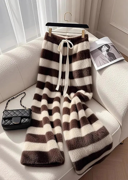 Cozy Coffee Striped Fuzzy Fur Pants Spring