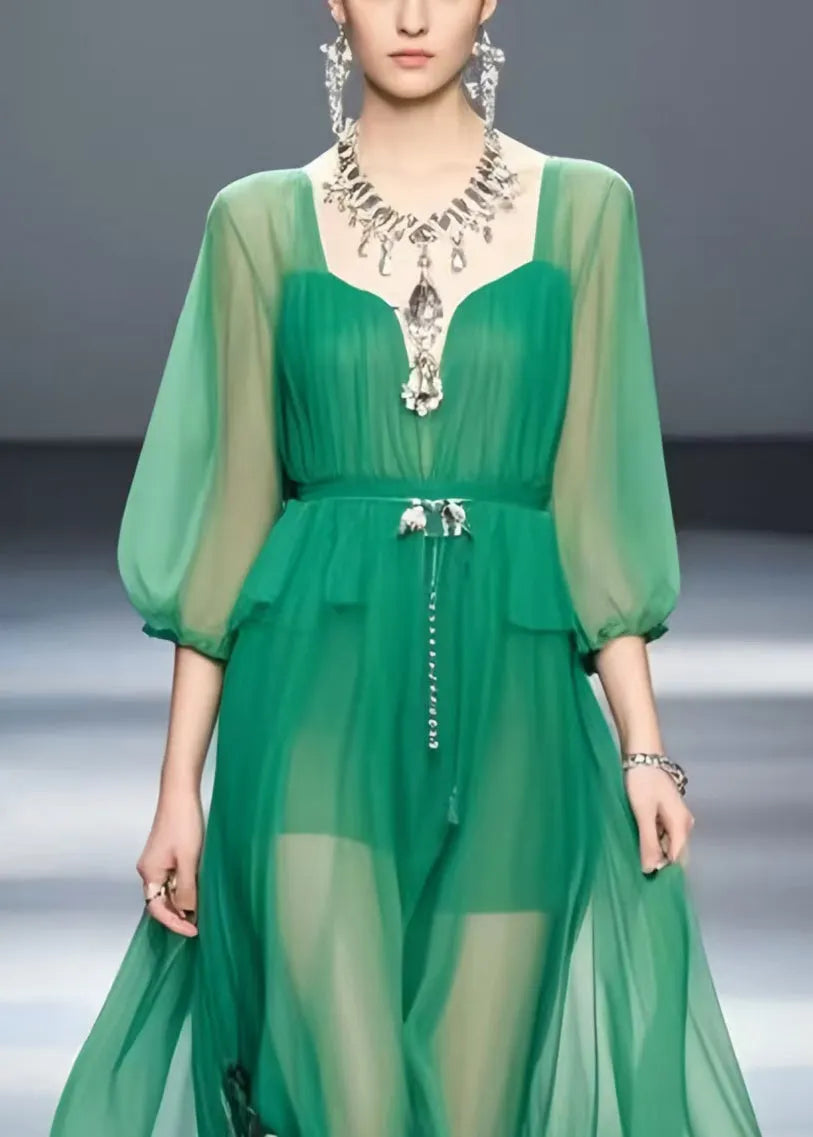 Modern Tea Green Print Chiffon Long Dress Bracelet Sleeve