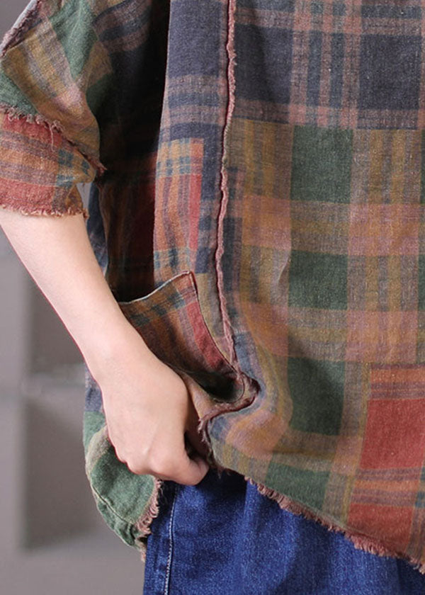 Chocolate V Neck Patchwork Plaid Cotton Linen Tops Short Sleeve