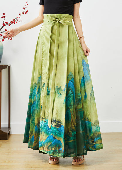 Green High Waist Print Pleated Skirt Fall