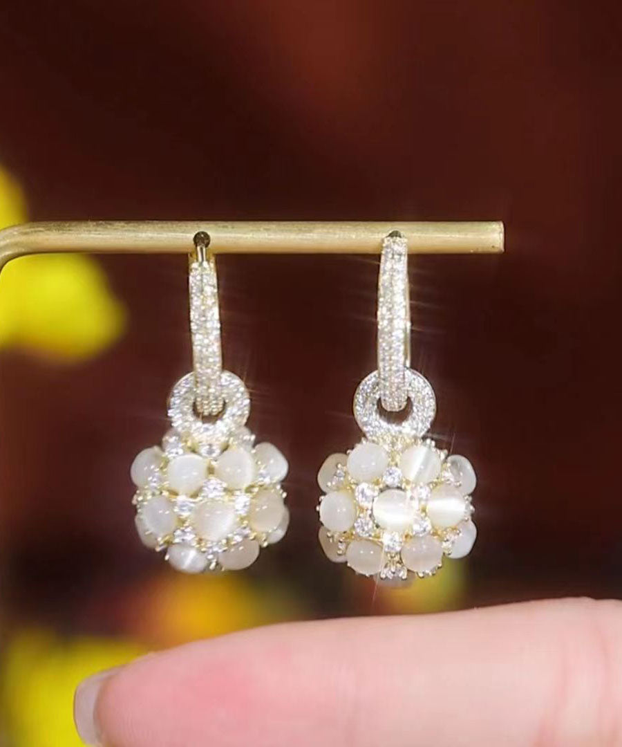 Gold Copper Alloy Zircon Opal Spherical Drop Earrings