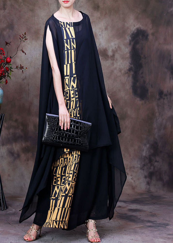 Italian Black Asymmetrical Print Chiffon Top and Wide Leg Pant Two Piece Suit Set Summer