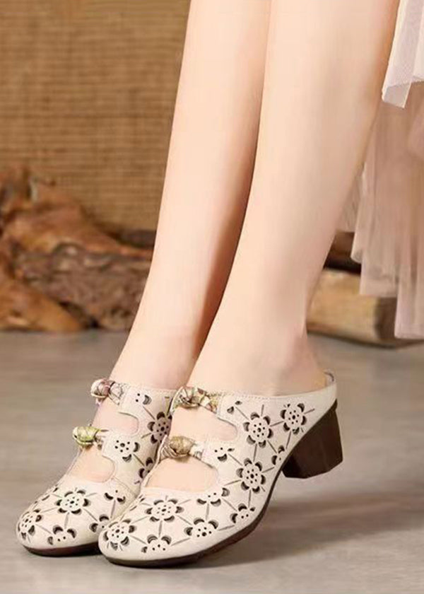 Brown High Heels Chunky Cowhide Leather Hollow Out High Heels