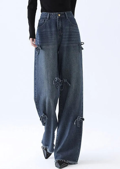 Natural Denim Blue Pockets Patchwork Bow Wide Leg Jeans Spring