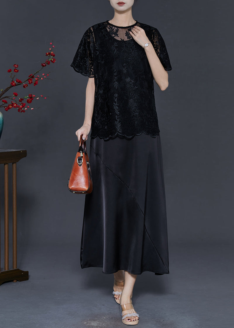 Black Silk Party Dress Sets 2 Pieces Embroidered Summer