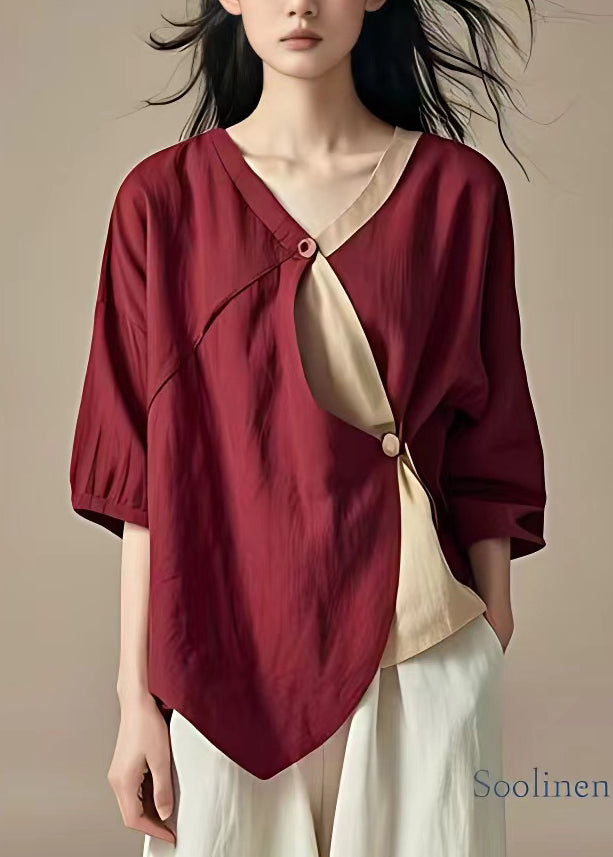 Organic Mulberry V Neck Asymmetrical Patchwork Button Shirt Summer