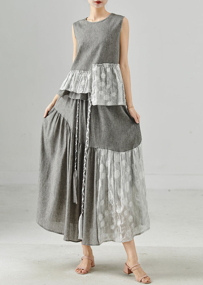 Grey Asymmetrical Patchwork Linen Two Piece Set Clothing Sleeveless