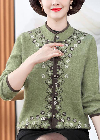 Green Print Cotton Knit Coats Long Sleeve Winter