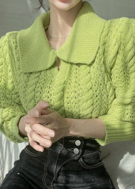 Green Peter Pan Collar Hollow Out Patchwork Knit Short Pullover Lantern Sleeve