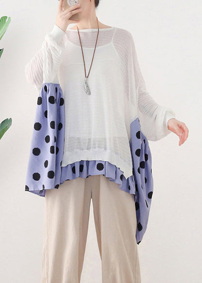 White O-neck Dot Patchwork Cotton Knit Tops Batwing Sleeve