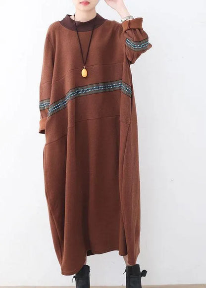 Classy Chocolate O-neck Long Sleeve Loose Fall Cotton Dress