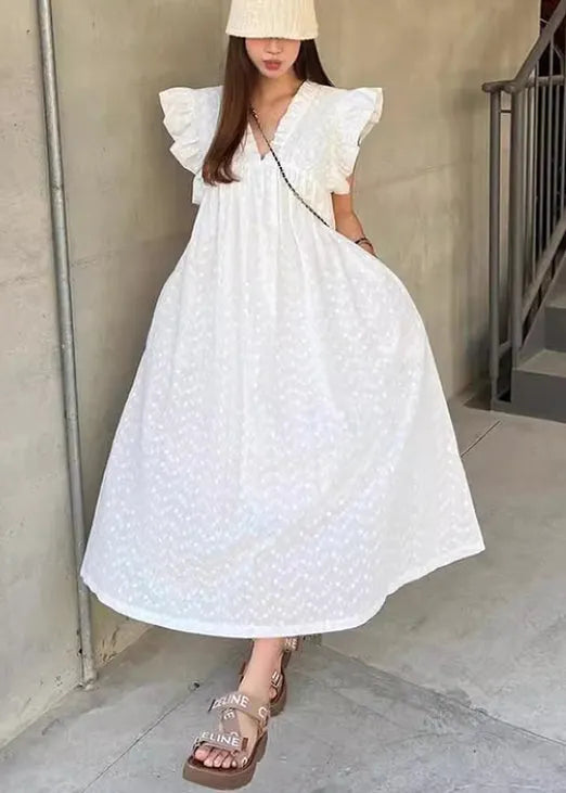 White Dot Ruffled Cotton Holiday Dress Sleeveless