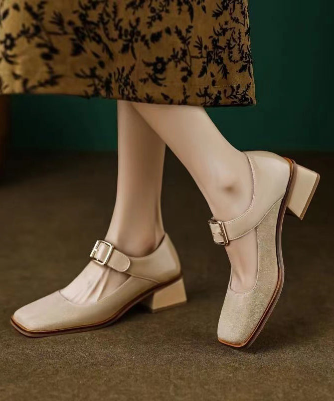 Apricot Suede Square Head Buckle High Chunky Heels