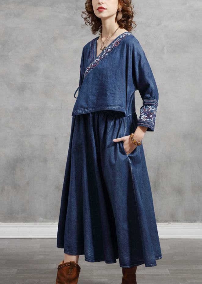French Blue Cinched V Neck Embroideried Pocket Cotton Dresses Long Sleeve