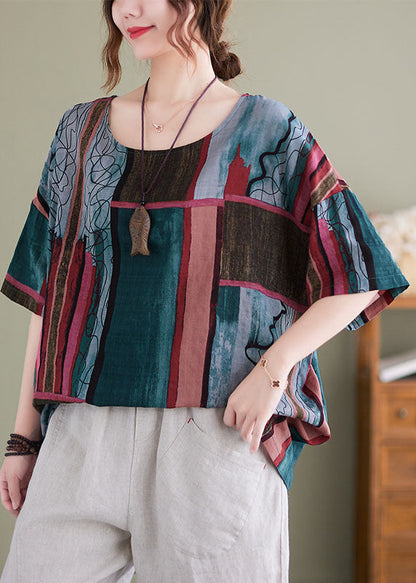 Blackish Green O-neck Print Cotton Tops Short Sleeve