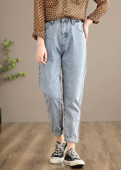 Vivid Spring Pants Denim Light Blue Work Outfits Elastic Waist High Waist