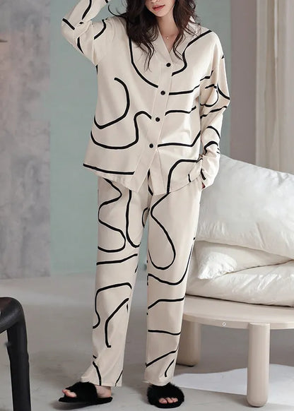 French Apricot Striped Button Cotton Pajamas Two Piece Set Fall