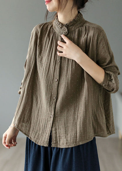 Diy Brown Stand Collar Ruffled Print Cotton Blouses Spring
