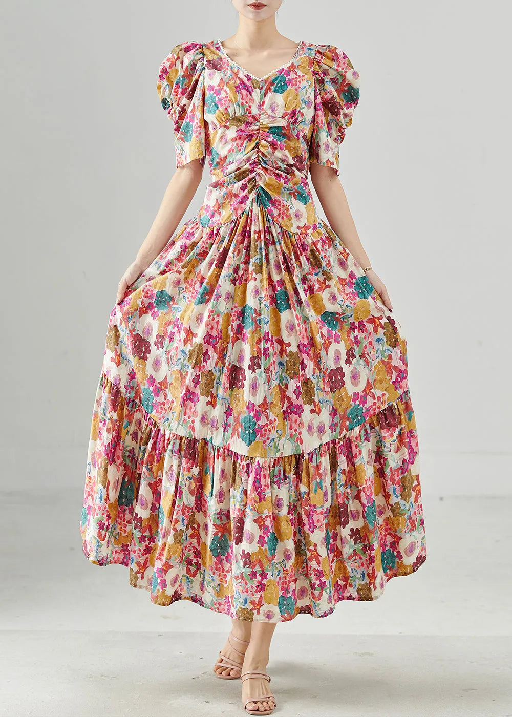 Puff Sleeve Print Cotton Maxi Dresses Summer