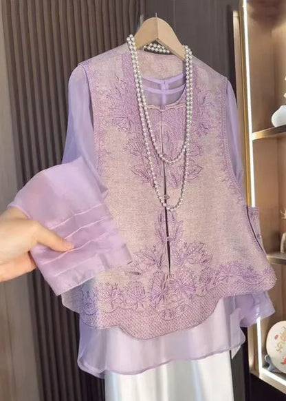 Chinese Style Purple Embroidered Waistcoat and Tops Two-piece Set Fall