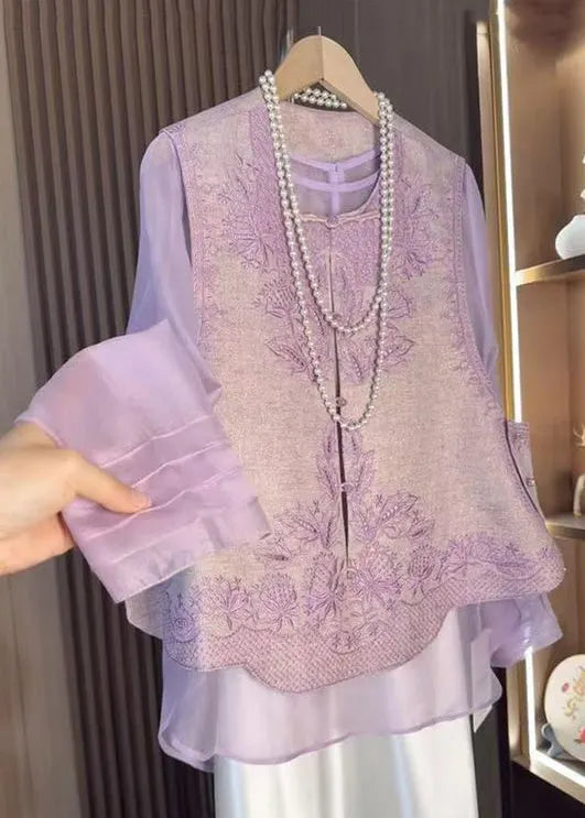 Chinese Style Purple Embroidered Waistcoat and Tops Two-piece Set Fall