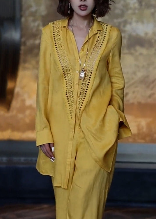 Unique Yellow Hollow Out Linen Sets 2 Pieces Fall