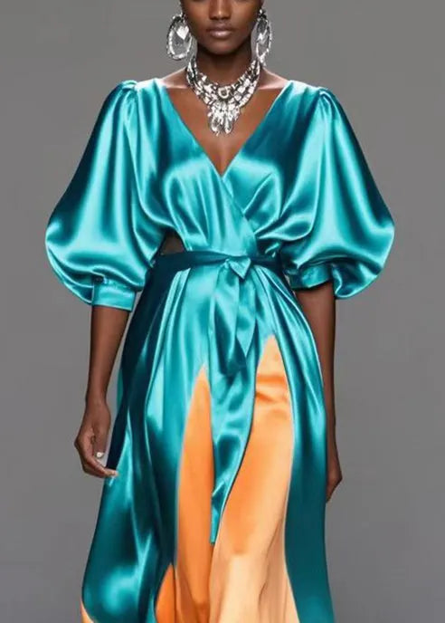 Green V Neck Patchwork Draping Silk Maxi Dress Summer