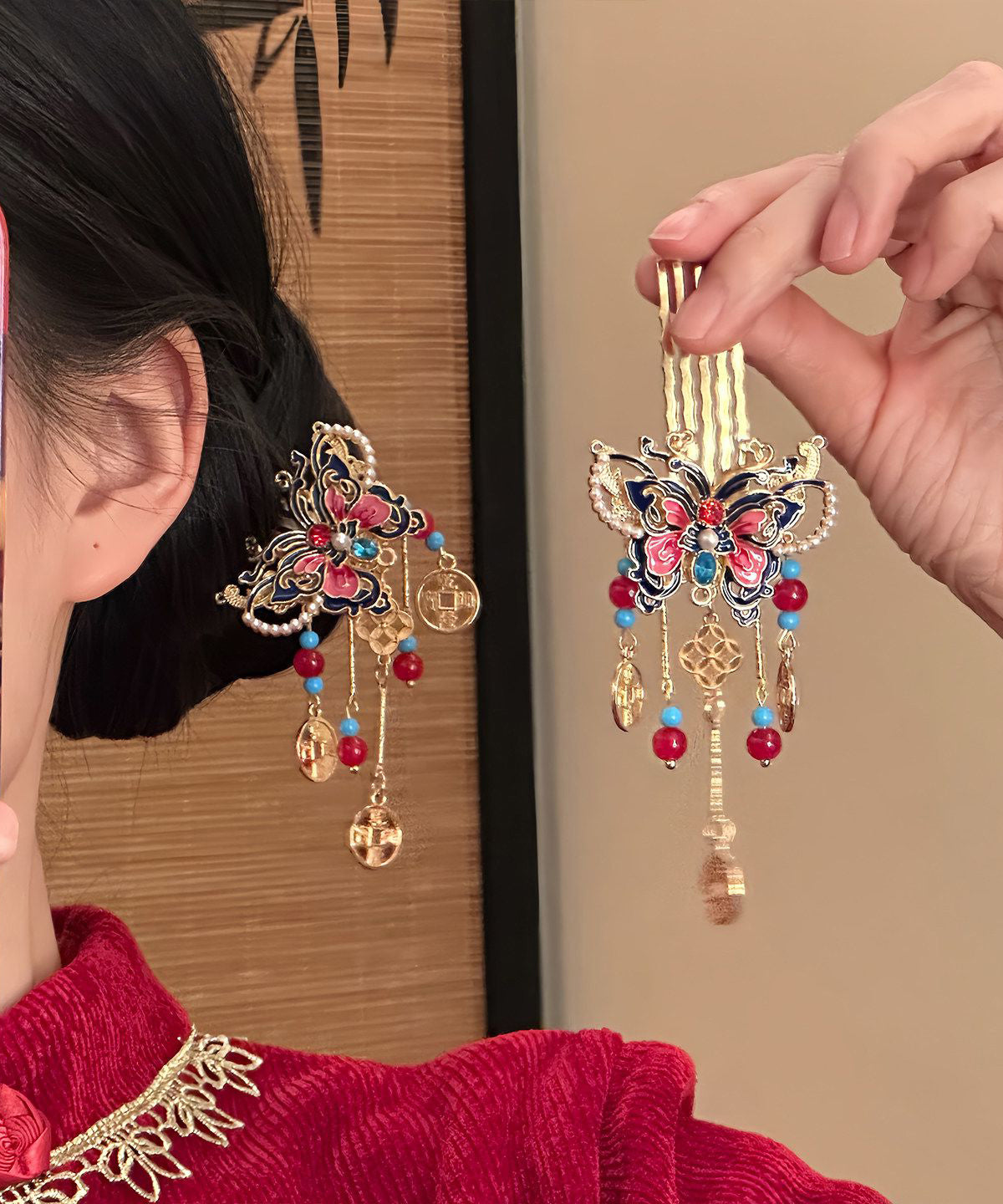 Red Copper Alloy Butterfly Tassel Single Hairpin