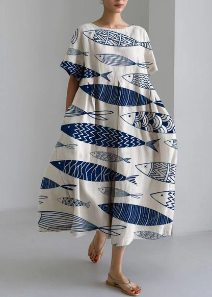 Light Green O-neck Print Long Dresses Short Sleeve