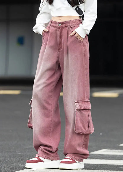 Pockets Patchwork Denim Wide Leg Pants Fall