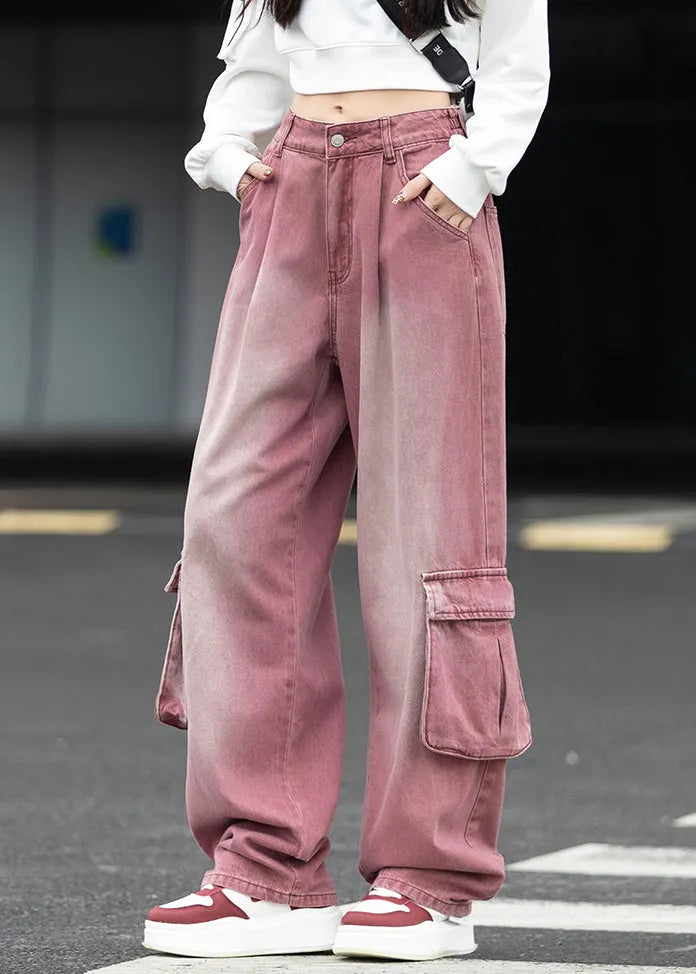 Pockets Patchwork Denim Wide Leg Pants Fall