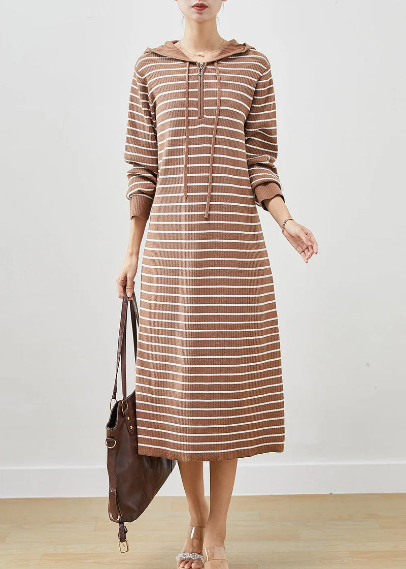 Khaki Hooded Striped Knit Sweatshirts Dress Winter