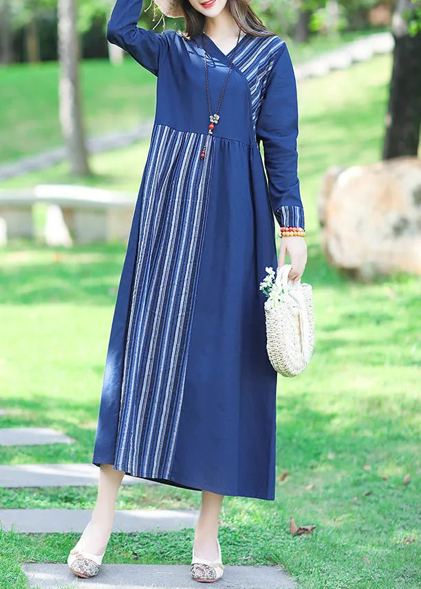 Blue V Neck Striped Patchwork Linen Long Dress Spring