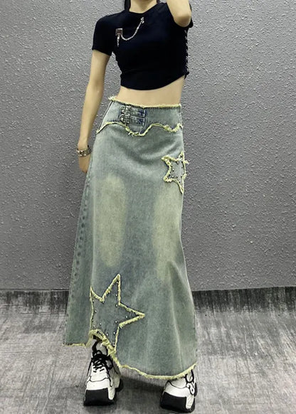 Blue Tasseled Nail Bead High Waist Denim Skirts Fall