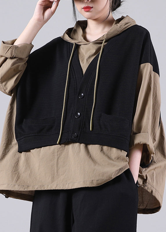 Black Drawstring Fake Two Pieces Hooded Sweatshirts Long Sleeve