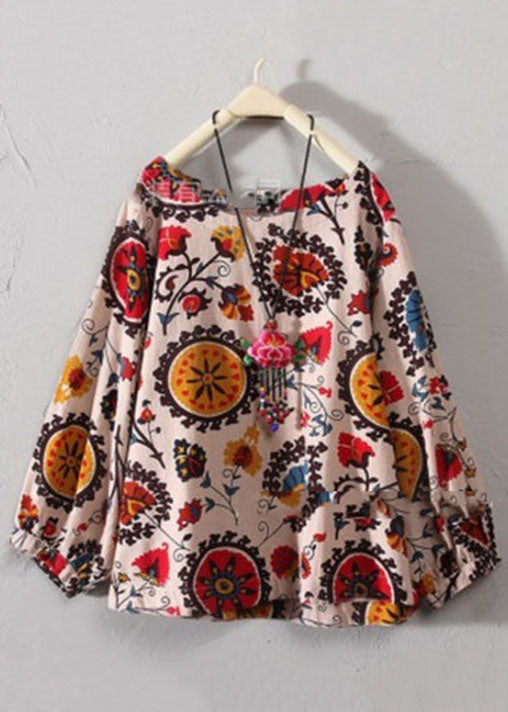 Red O-neck Print Cotton Top Long Sleeve