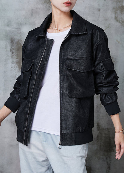 Black Oversized Pockets Faux Leather Jacket Spring