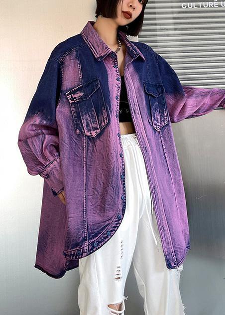 Classy Tie Dye Purple Asymmetrical Design Cotton Long Sleeve Spring Shirt