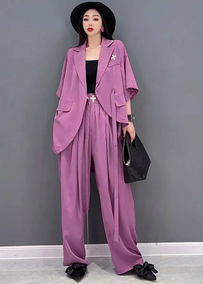 Stylish Purple Notched Collar Tie Waist Low High Design Chiffon Two Pieces Set Summer