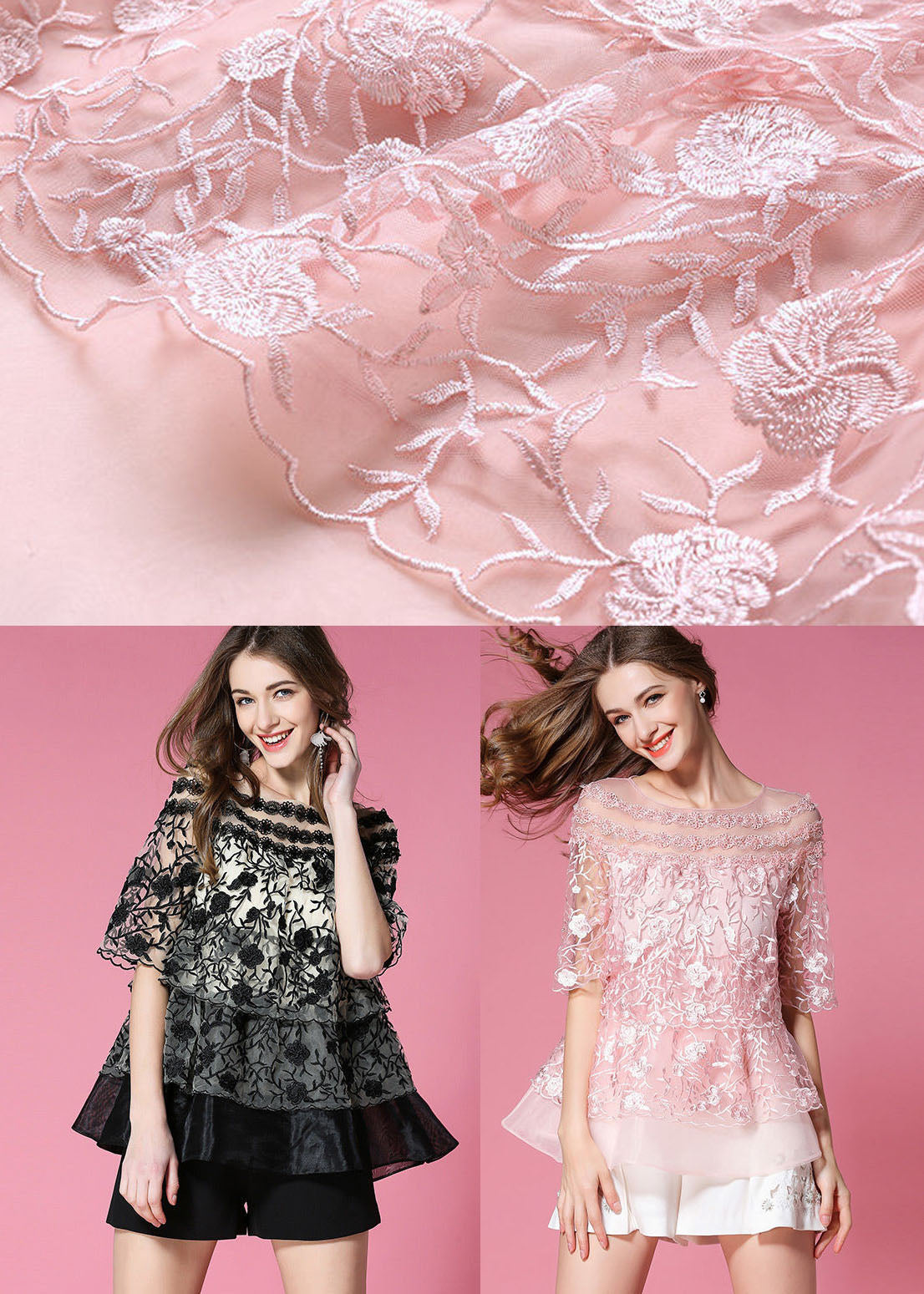 Black O-neck Embroideried Organza Tops Summer