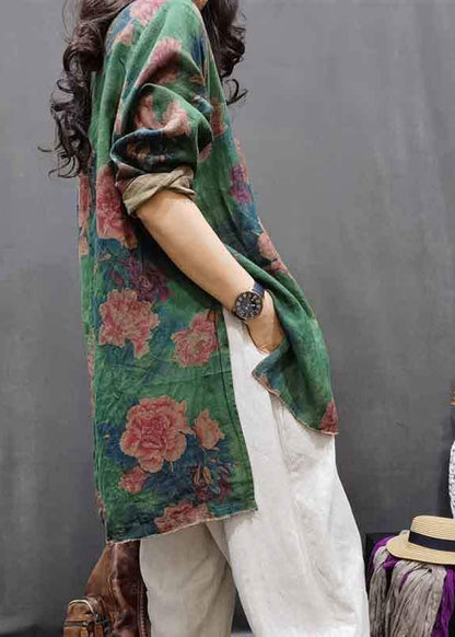 Green O-neck Patchwork Linen Shirts Fall