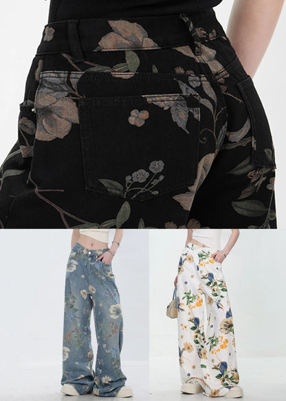 Original Design Blue Print Pockets Denim Pants Fall