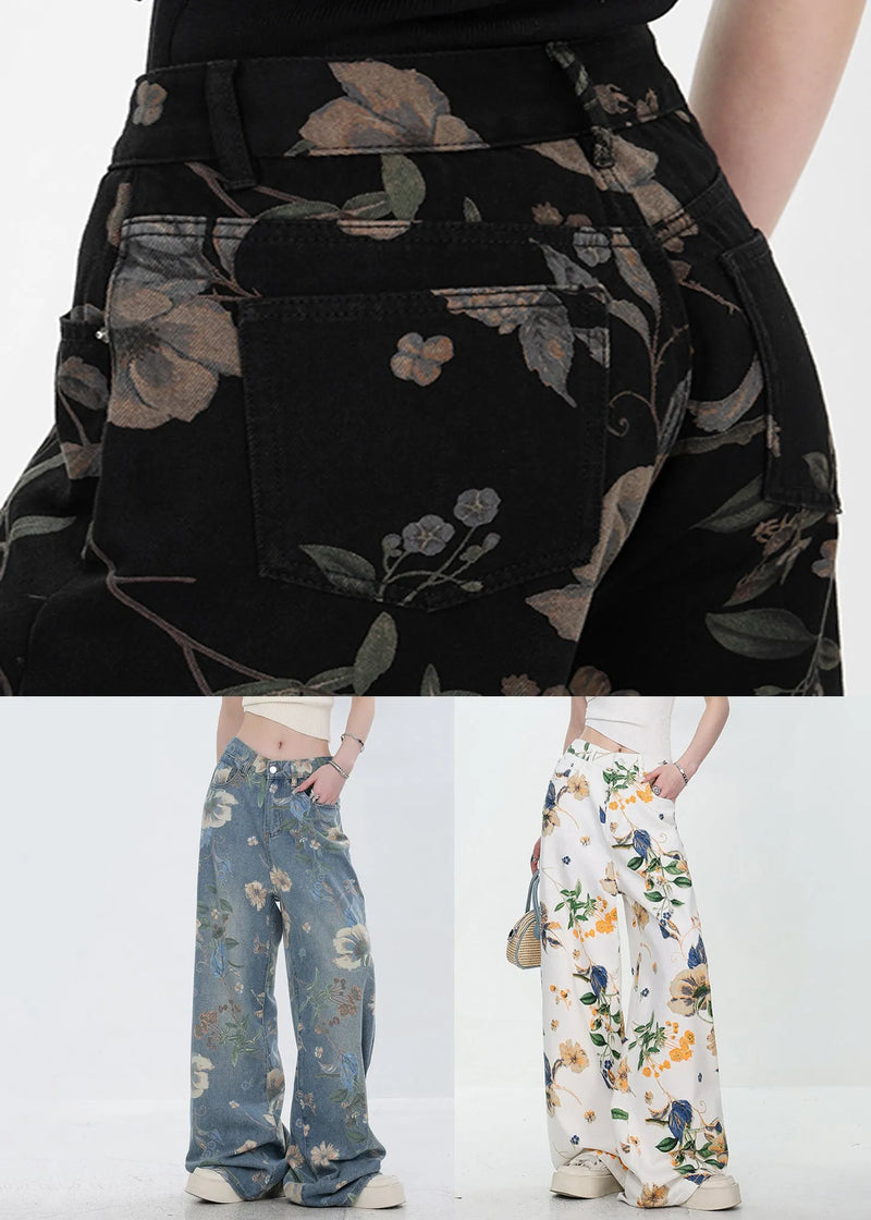Original Design Blue Print Pockets Denim Pants Fall