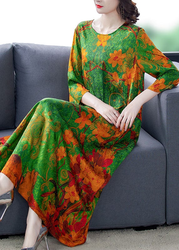 Organic Green O-neck Print Long Dresses Spring